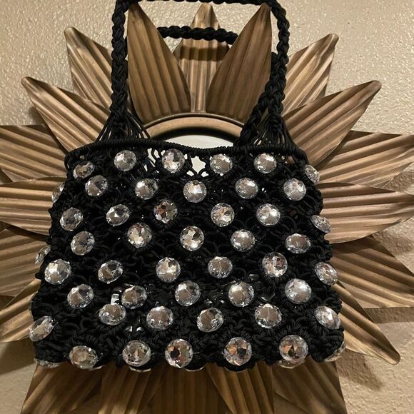 ZARA Black Crocheted Rhinestone Jeweled Evening Purse - Picture 4 of 16